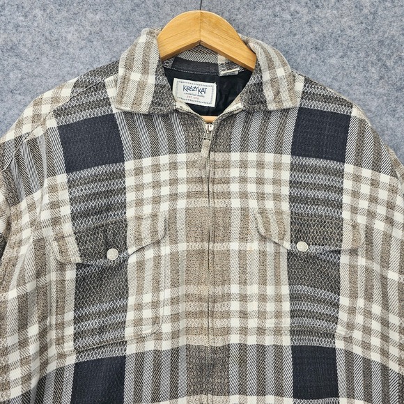 Flannel Plaid Shirt Jacket Womens L XL Black Tan Zip Shacket Cabin 90s KRAZY KAT - Picture 10 of 11